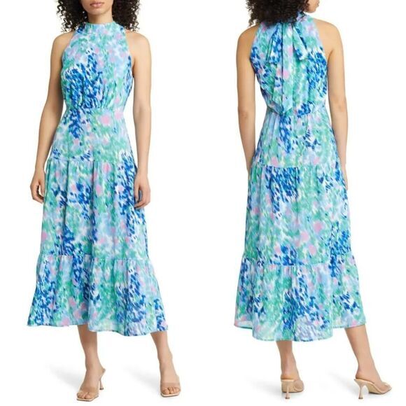 New! SAM EDELMAN  Brushstroke Print Mock Neck‎ Dress - Blue Multi, size 10 - Picture 1 of 16